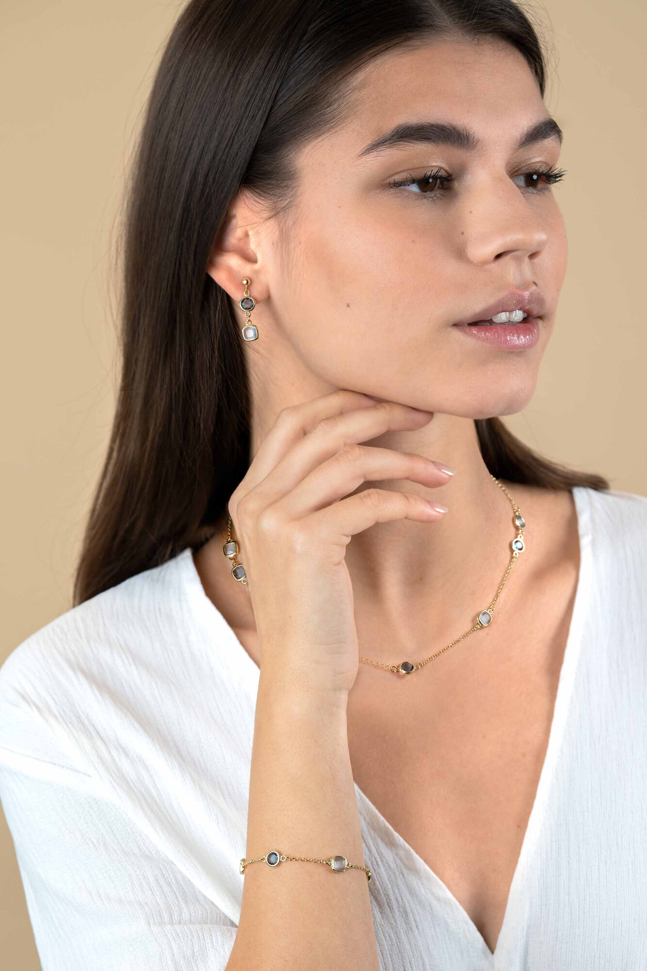 ZINZI Gold Plated Sterling Silver Multi-look Bracelet Curb and Green Bead Chain with Round Setting with Olive Green Color Stone 16,5-19,5cm ZIA2528G