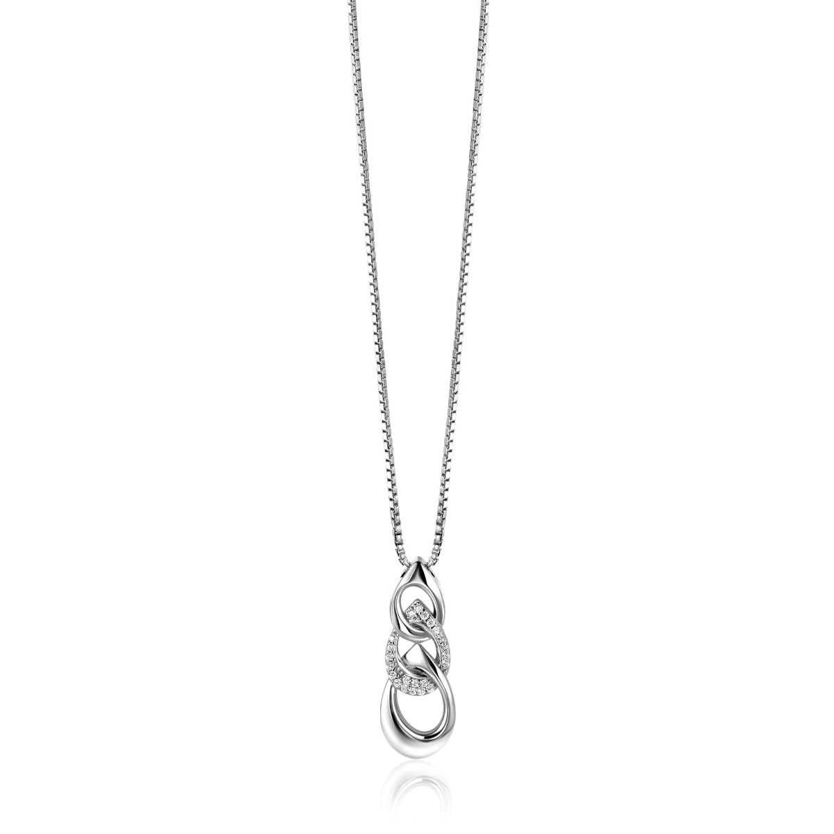 45cm ZINZI silver Venetian chain including pendant with three open pear-shaped links 30mm, set with white zirconias by Dutch Designer Mart Visser MVC24