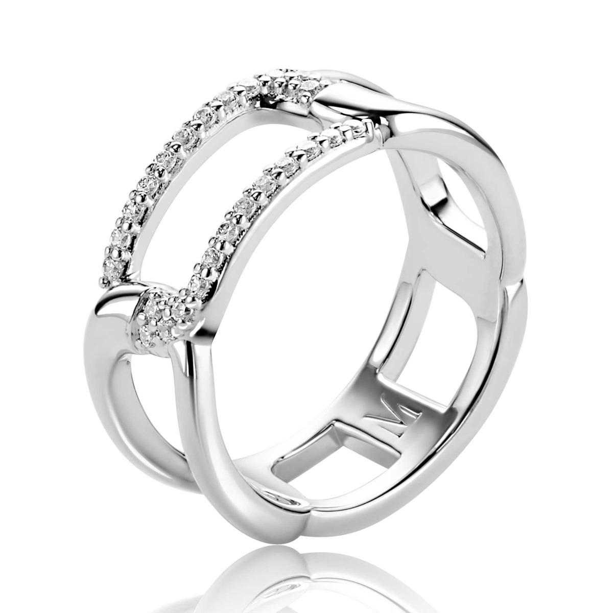 Mart Visser by ZINZI silver link ring, 8mm wide, with rectangular links adorned with white zirconia, MVR28