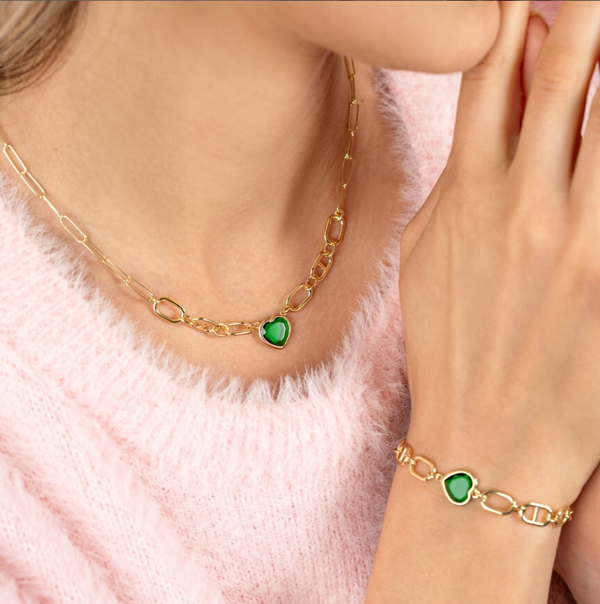 ZINZI Gold Plated Sterling Silver Necklace Trendy Oval and Marine Chain with Heart Pendant Set with Green Color Stone 39-43cm ZIC-BF68