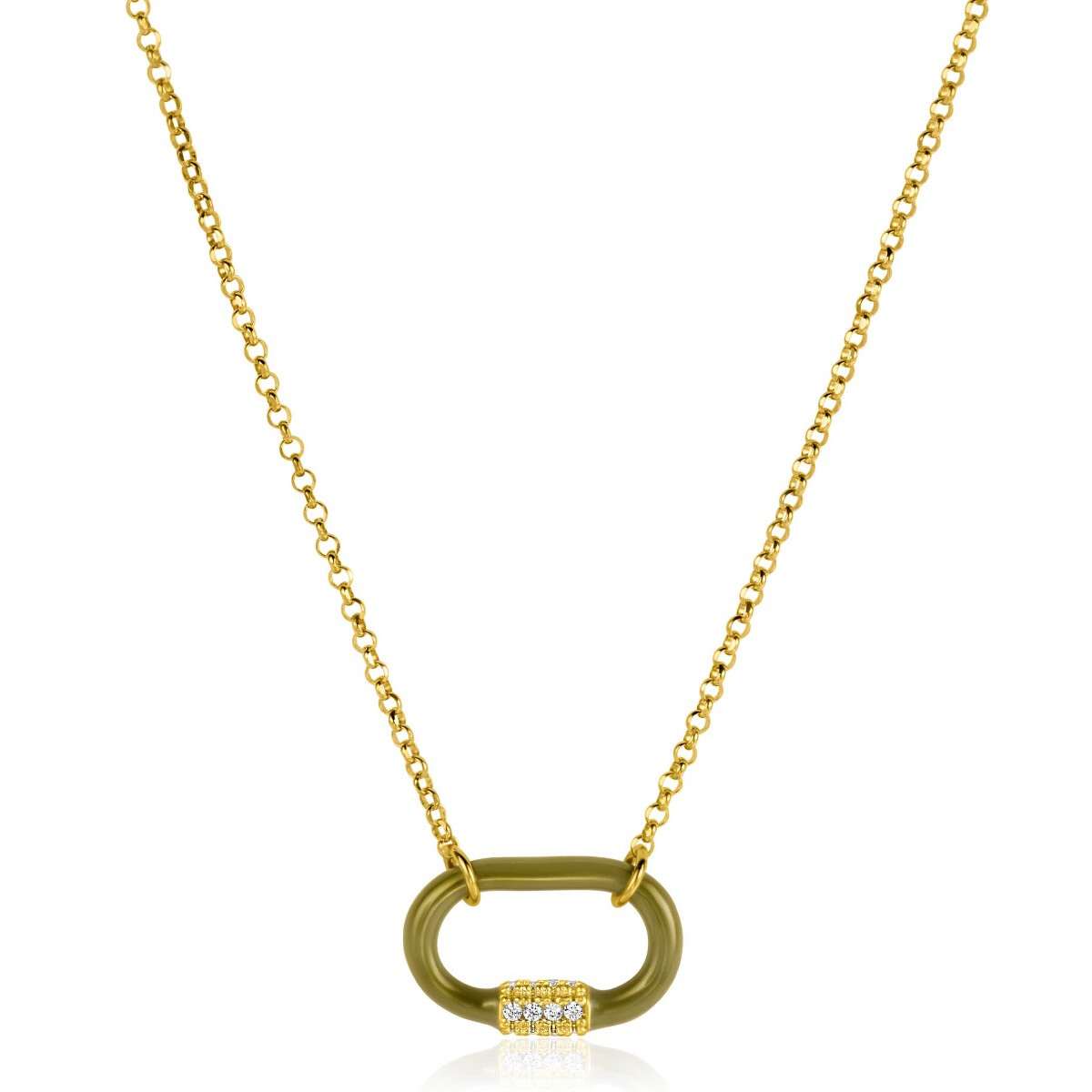 ZINZI Gold Plated Silver Chain Necklace 45cm Oval Pendant Olive Green Enamel And White Zirconias ZIC2374