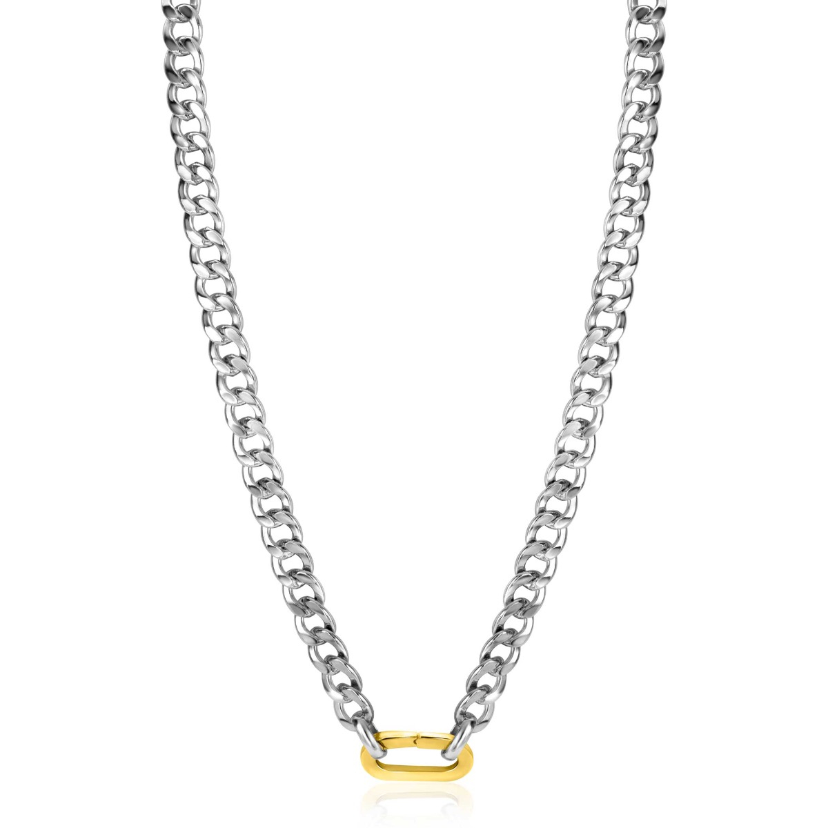 ZINZI Sterling Silver Curb Chain Statement Necklace 42cm with Gold Plated Oval Clasp ZIC2378