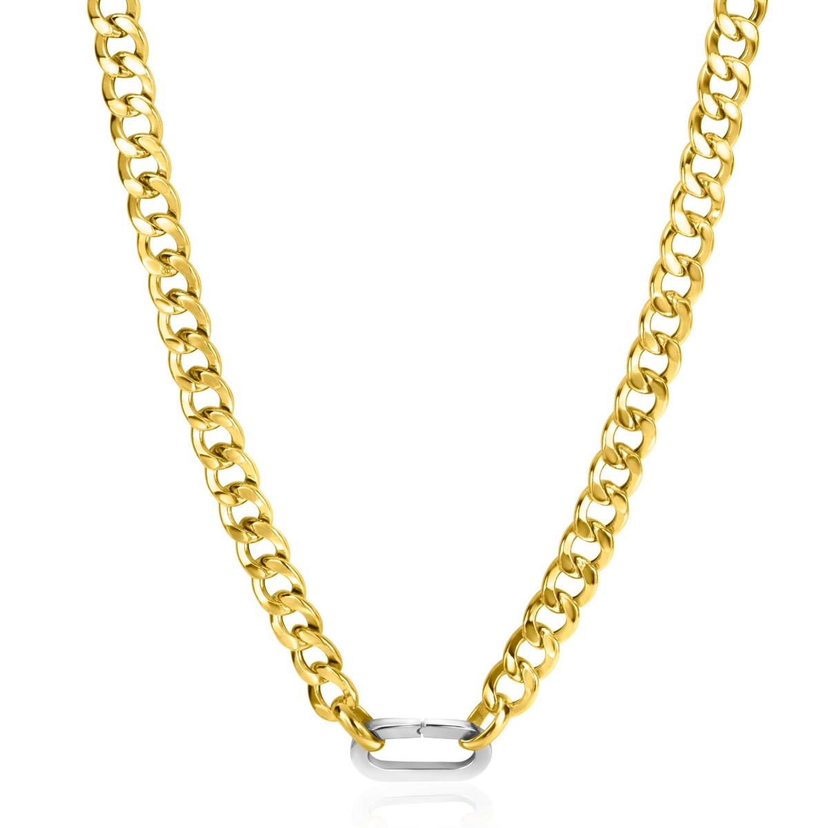 ZINZI Gold Plated Sterling Silver Curb Chain Statement Necklace 42cm with Silver Oval Clasp ZIC2378G