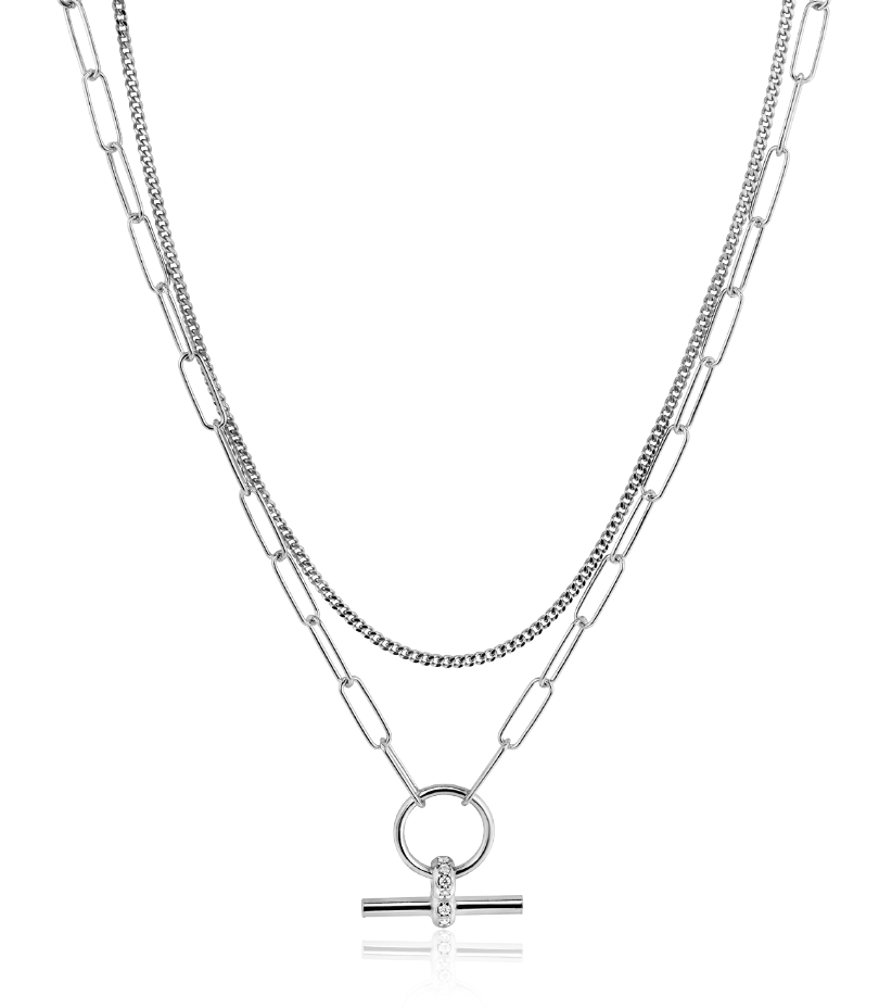 ZINZI Sterling Silver Multi-look Necklace 50cm: Combination of Curb and Paperclip Chains with Trendy T-Bar Set with White Zirconias ZIC2462