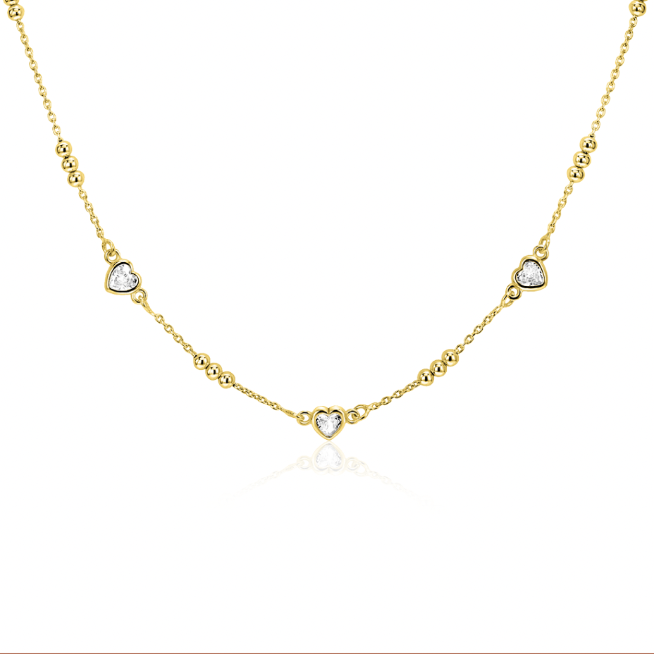 ZINZI gold plated silver link necklace with trio beads and three heart-shaped white cubic zirconias 40-45cm ZIC2679