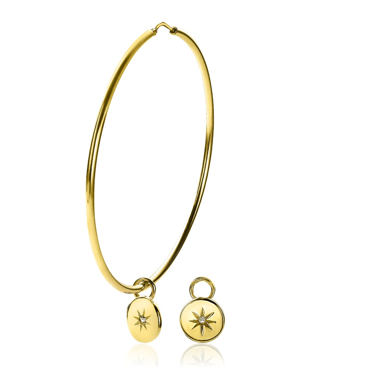 10mm ZINZI Gold Plated Sterling Silver Earrings Pendants Coin with a Sun and White Zirconias ZICH1994G (excl. hoop earrings)