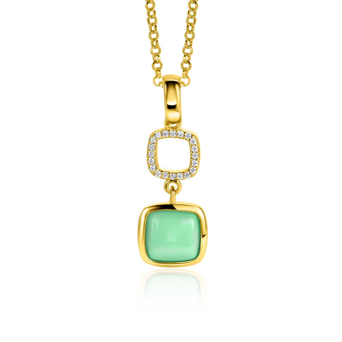 30mm ZINZI Gold Plated Sterling Silver Pendant Square Two-sided with White Onyx and Mint Green Color Stone ZIH2308 (excl. necklace)