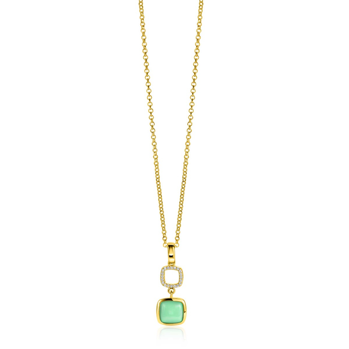 30mm ZINZI Gold Plated Sterling Silver Pendant Square Two-sided with White Onyx and Mint Green Color Stone ZIH2308 (excl. necklace)