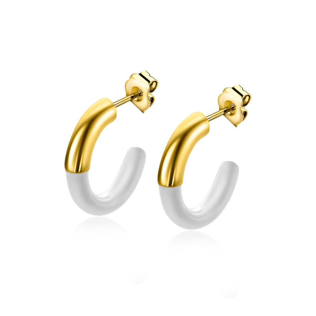 16mm ZINZI Gold Plated Sterling Silver Trendy Earrings Half Enamel White ZIO2315W