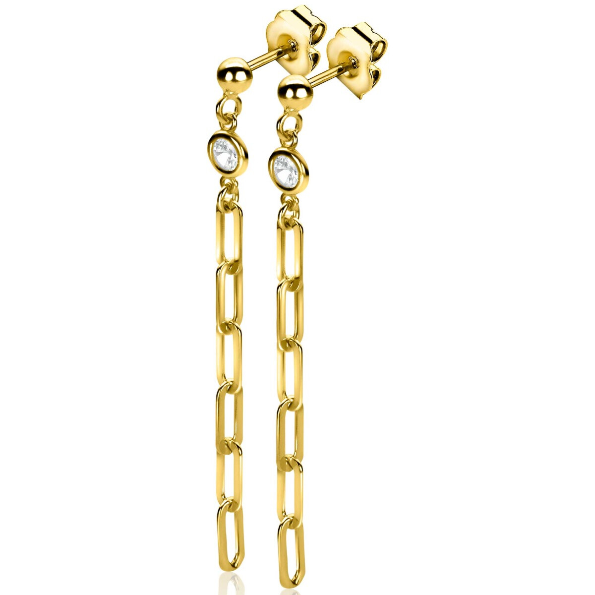 58mm ZINZI Gold Plated Sterling Silver Stud Earrings Long Paperclip Chain with White Zirconia ZIO2363Y
