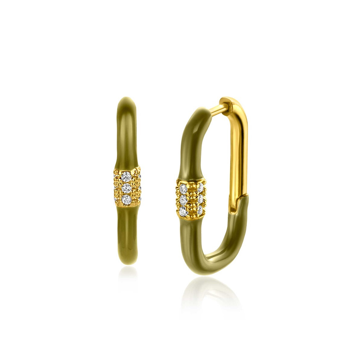 22mm ZINZI Gold Plated Sterling Silver Hoop Earrings Rectangular Olive Green Enamel and White Zirconias 22x3mm ZIO2374