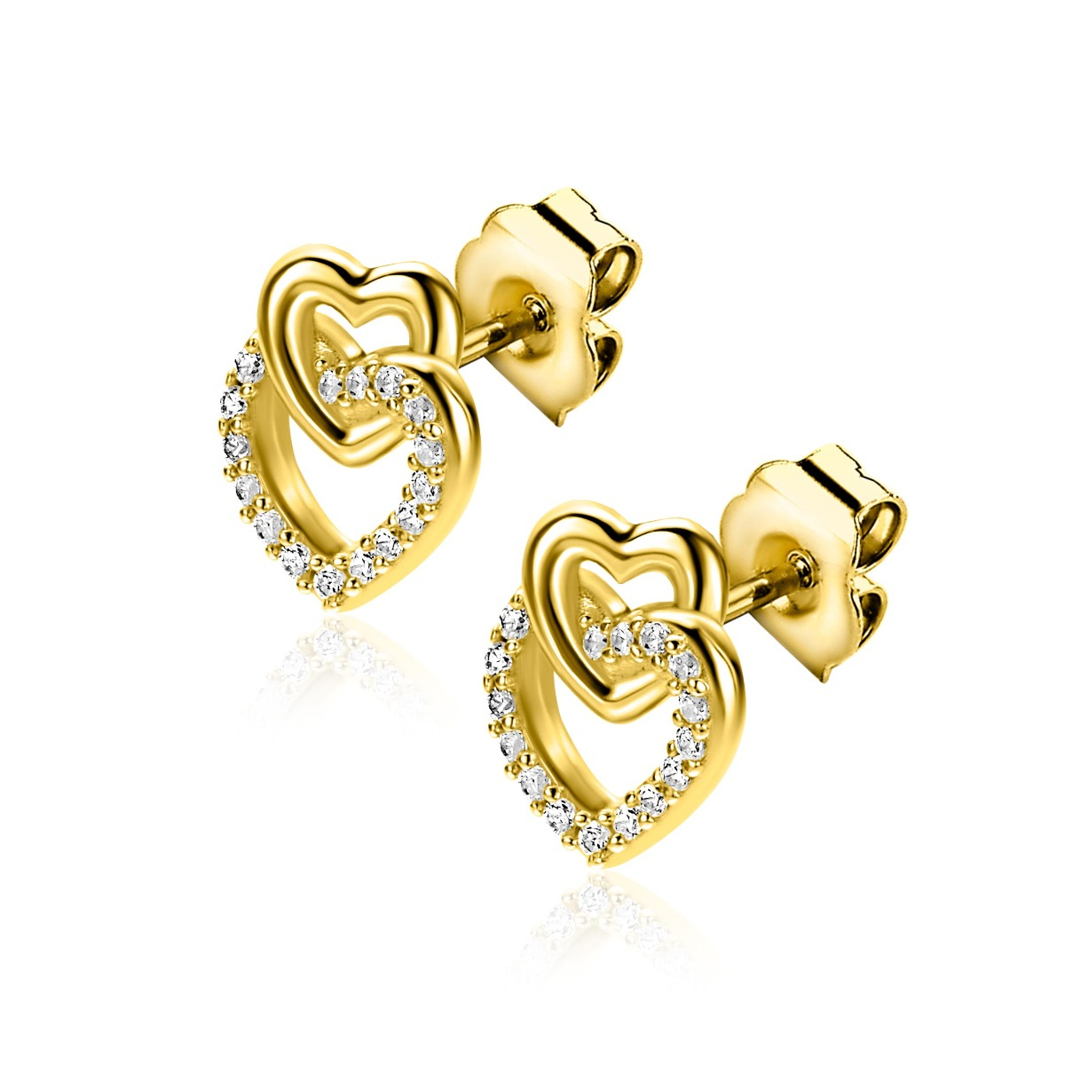 10mm ZINZI Gold Plated Sterling Silver Stud Earrings 2 Connected Open Hearts White Zirconias ZIO2493Y