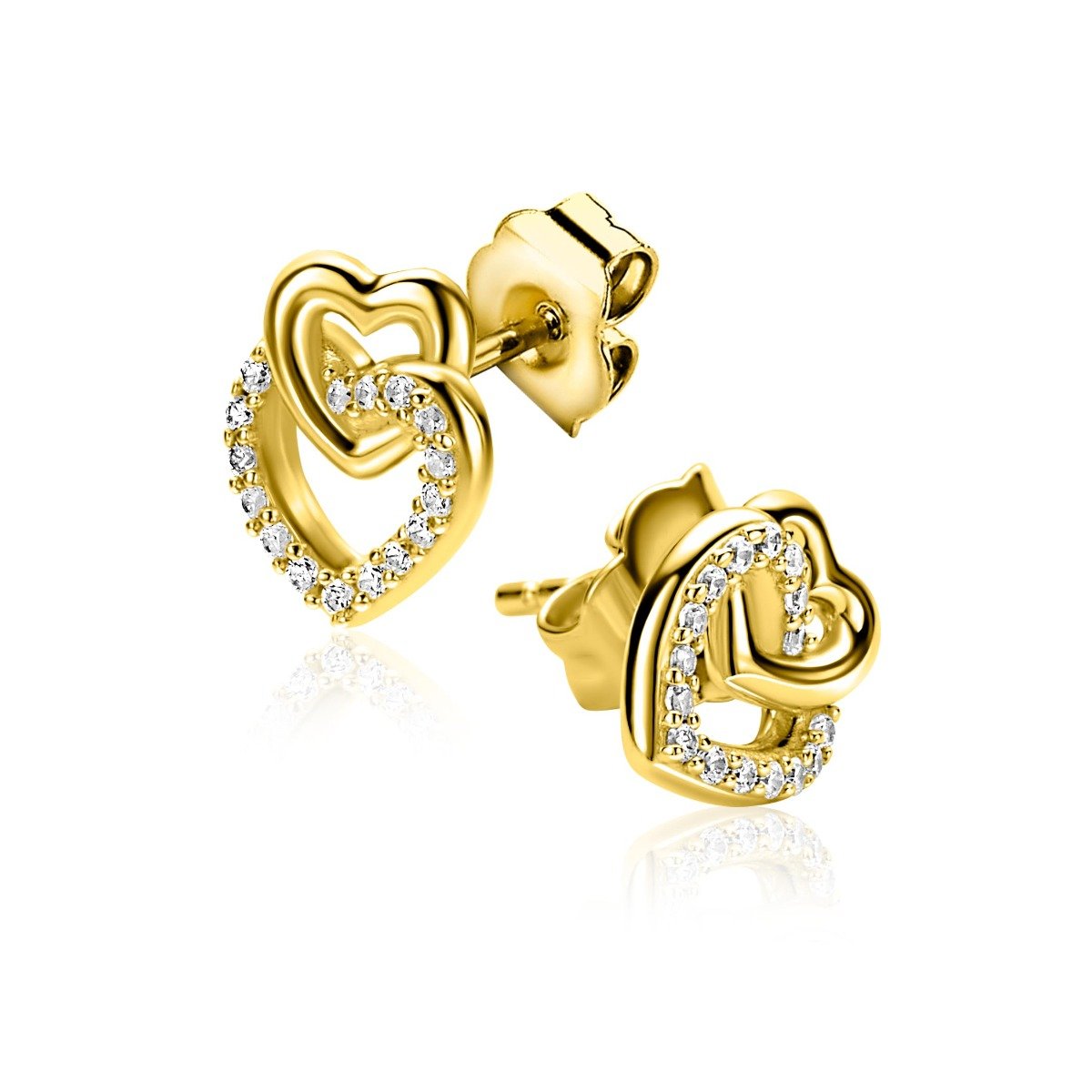 10mm ZINZI Gold Plated Sterling Silver Stud Earrings 2 Connected Open Hearts White Zirconias ZIO2493Y