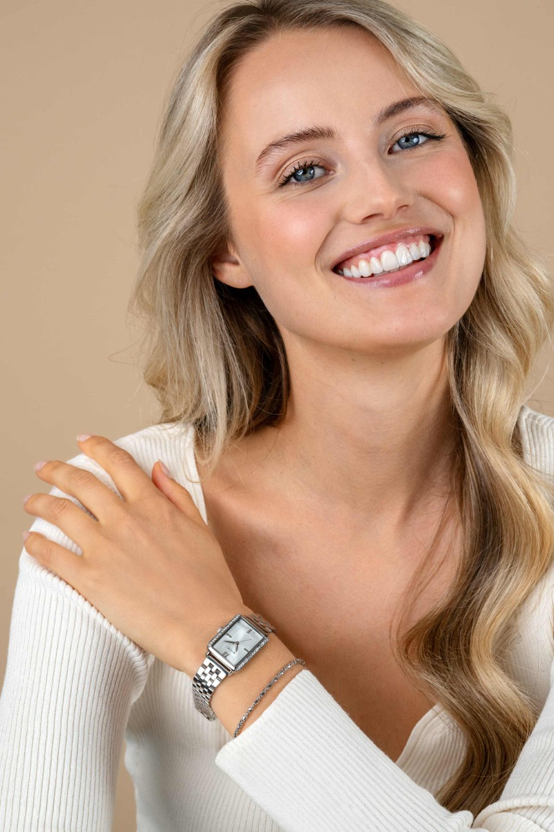 ZINZI Lucia Watch 28mm Rectangular Silver Colored Case with white zirconia and Stainless Steel Chain Strap ZIW2302