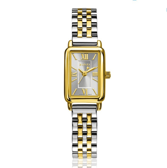 ZINZI Small Elegance Watch Silver Colored Sunray Dial and Rectangular Case Stainless Steel Chain Bicolor Strap 22mm  ZIW2833