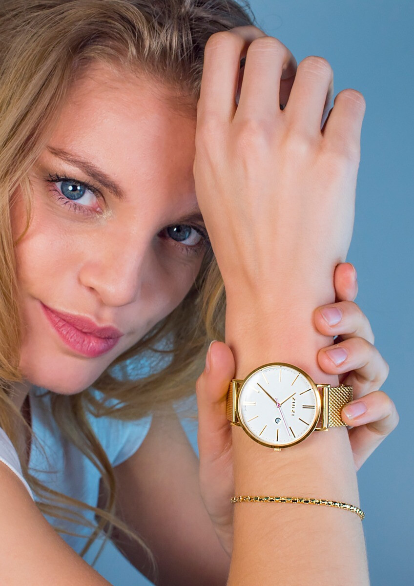 ZINZI Retro Watch White Dial Gold Colored Stainless Steel Case and Mesh Strap 38mm  ZIW407M