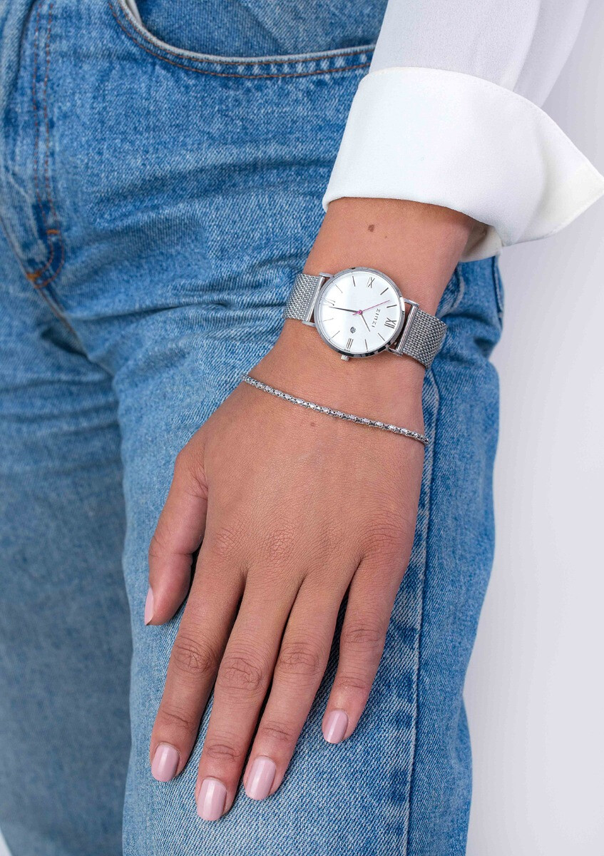 ZINZI Roman Watch 34mm White Dial Silver Colored Case Stainless Steel Mesh Strap  ZIW506M
