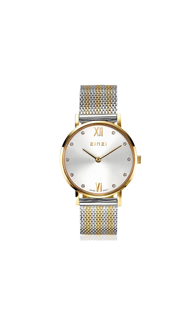 ZINZI Lady Crystal Watch 28mm Silver Colored Dial with White Crystals Gold Colored Case and Bicolor Stainless Steel Mesh Strap ZIW633MB