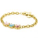 ZINZI Gold Plated Sterling Silver Chain Bracelet with 3 Square Settings with Pink and Turquoise Color Stones 17-20cm ZIA2454