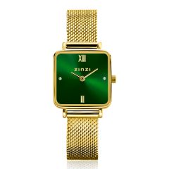 ZINZI Square Mini horloge groene wijzerplaat en vierkante geelgoudkleurige kast stalen mesh band 22mm extra dun ZIW1735