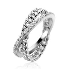 ZINZI Sterling Silver Luxury Ring with Crossover Design with White Zirconias and Curb Chains ZIR2326
