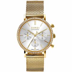 ZINZI Watch CHRONOGRAPH 36mm Stopwatch Silver Colored Dial Gold Colored Stainless Steel Case with Crystals and Mesh Strap 18mm ZIW1633