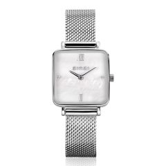 ZINZI Square Mini horloge witte parelmoer wijzerplaat en vierkante zilverkleurige kast stalen mesh band 22mm extra dun ZIW1717