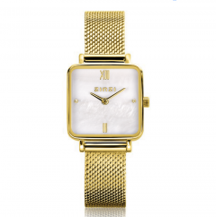 ZINZI Square Mini Watch White Mother-of-Pearl Dial and Square Gold Colored Case Stainless Steel Mesh Band 22mm  ZIW1734