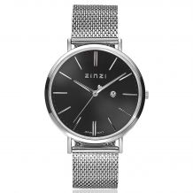 Zinzi Retro horloge zwarte wijzerplaat zilvergekleurde kast stalen mesh band 38mm extra dun ZIW401M
