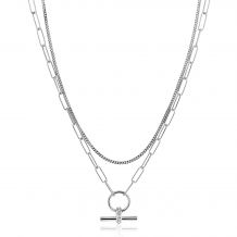 ZINZI Sterling Silver Multi-look Necklace 50cm: Combination of Curb and Paperclip Chains with Trendy T-Bar Set with White Zirconias ZIC2462