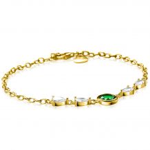 ZINZI gold plated zilveren armband bezet met een ronde groene kleursteen en vier peervormige witte zirconia's 17-20cm ZIA-BF69G