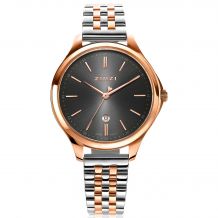ZINZI Classy horloge 34mm grijze wijzerplaat roségoudkleurige stalen kast en bicolor band, datum ziw1027
