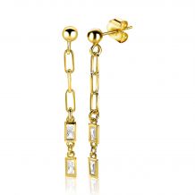 39mm ZINZI Gold Plated Sterling Silver Drop Earrings Paperclip Chain and Baguette White Zirconias ZIO1993