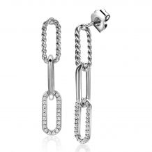 ZINZI zilveren lange oorsieraden 30mm met drie paperclip schakels, glad bewerkt witte zirconia's ZIO2330