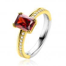 ZINZI Gold Plated Sterling Silver Luxury Ring with Rectangular Prong Setting Red Garnet Color Stone and a Multi-Look Shank White Zirconias ZIR2392R