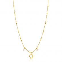 ZINZI gold plated zilveren fantasie ketting met kleine bolletjes, twee bungelende witte pareltjes en organische open vorm in het midden 42-45cm ZIC2405