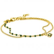 ZINZI Gold Plated Sterling Silver Multi-look Bracelet Curb and Green Bead Chain with Round Setting with Olive Green Color Stone 16,5-19,5cm ZIA2528G