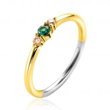 ZINZI gold plated zilveren ring met ronde chatonzettingen diepgroen en champagne kleurstenen 3mm breed ZIR2562