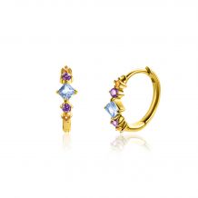 15mm ZINZI Gold Plated Sterling Silver Hoop Earrings with Blue, Purple and Champagne Color Stones in Diamond Shape 15x2mm ZIO2443