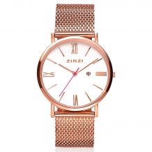 ZINZI Roman horloge witte wijzerplaat stalen kast roségoudkleurig stalen mesh band roségoudkleurig 34mm extra dun ZIW508M