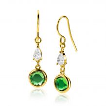 37mm ZINZI Gold Plated Sterling Silver Drop Earrings White Zirconia and Round Green Color Stone ZIO-BF69G