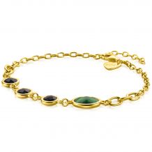 ZINZI Gold Plated Sterling Silver Chain Bracelet with 3 Round Settings with Black Stone and 1 Oval Setting with Green Stone 17-20 cm ZIA2389