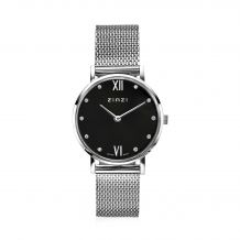 ZINZI Lady Crystal horloge zwarte wijzerplaat en kast stalen mesh band, witte crystals bij uuraanduiding, 28mm extra dun ZIW629M
