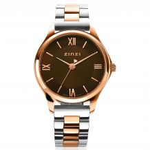 ZINZI Classy Mini Watch 30mm Brown Dial Rose Gold Colored Stainless Steel Case and Bicolor Strap ZIW1236