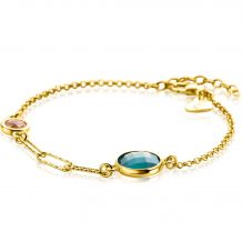 ZINZI gold plated zilveren armband met twee ronde zettingen bezet met smaragd groene en citrien donkergele kleurstenen en drie trendy paperclip-schakels 16-19cm ZIA2418G