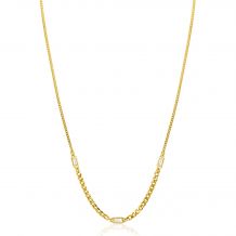 ZINZI gold plated zilveren ketting met gourmet schakels in verschillende breedtes, gecombineerd met drie rechthoekige baguette geslepen zirconia's 42-45cm ZIC2410