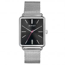 ZINZI Vintage Retro horloge zwarte wijzerplaat en rechthoekige kast stalen mesh band 34mm extra dun ZIW901M
