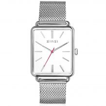 ZINZI Vintage Retro horloge witte wijzerplaat en rechthoekige kast stalen mesh band 34mm extra dun ZIW906M
