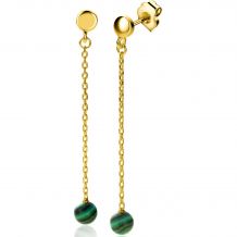 56mm ZINZI Gold Plated Sterling Silver Stud Earrings with Chain and Bead Green Color Stone ZIO-BF92