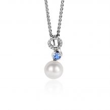 20mm ZINZI Sterling Silver Pendant White Pearl, Round Light Blue Color Stone and Open Circle Set with White Zirconias ZIH2442 (excl. necklace)